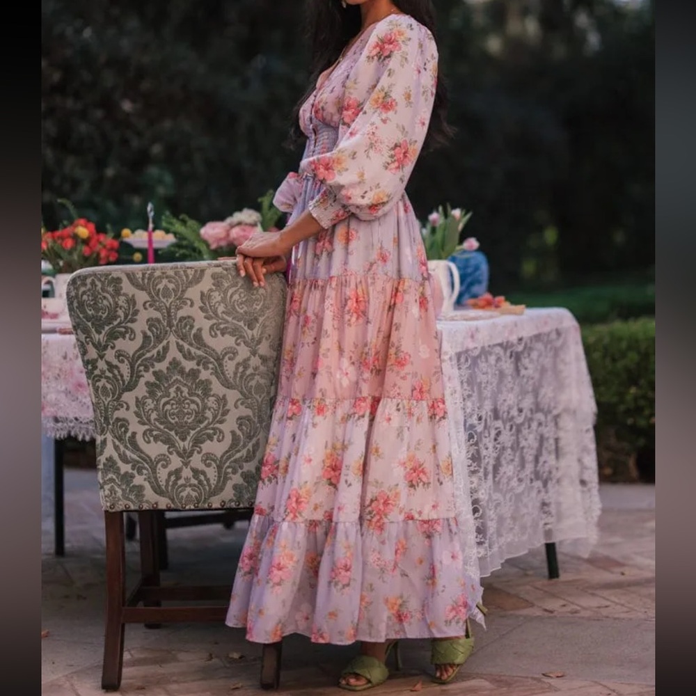 JESSAKAE Garden Rose Sweet Peony Floral Maxi Tea Dress Pink Purple Button Down - Picture 3 of 6